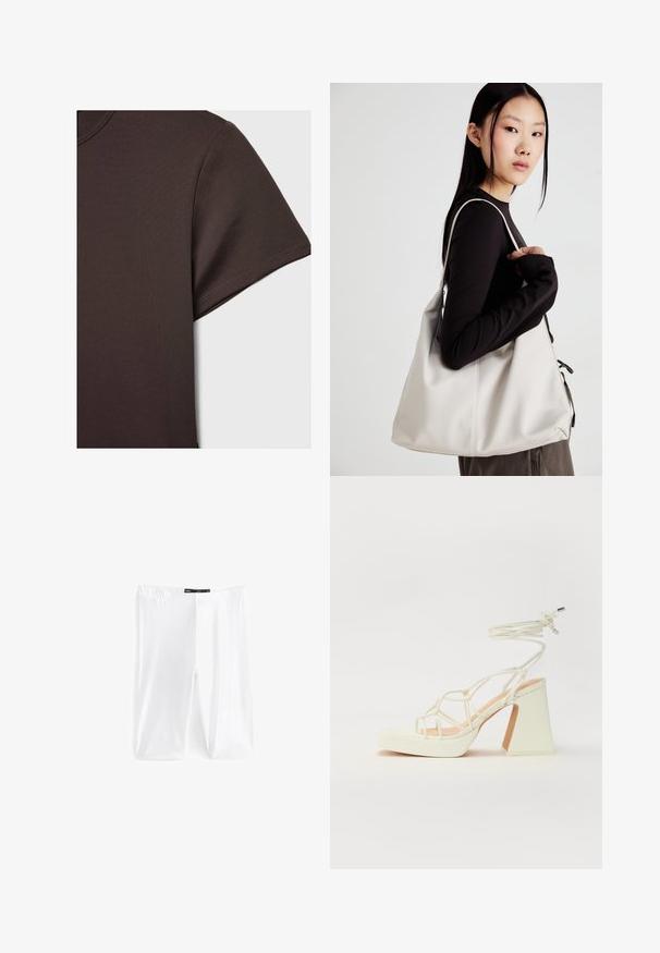 Tmavo hnedé tričko s krátkym rukávom vyrobené z hladkého, elastického materiálu, s klasickým okrúhlym výstrihom a čistými detailmi šitia.; Biele legíny vyrobené z elastického materiálu, s elastickým pásom a hladkou textúrou. Žiadne vzory ani ďalšie detaily nie sú viditeľné.; Biele sandále na vysokom opätku s hrubým podpätkom, s pruhovaným dizajnom a viazaním na členku. Hladký povrch s platformou vpredu pre zvýšenú výšku.; Béžová kabelka vyrobená z mäkkého materiálu, s uvoľneným dizajnom, prišitými detailmi a dvoma popruhmi na nosenie na pleciach. Vhodná na každodenné nosenie.