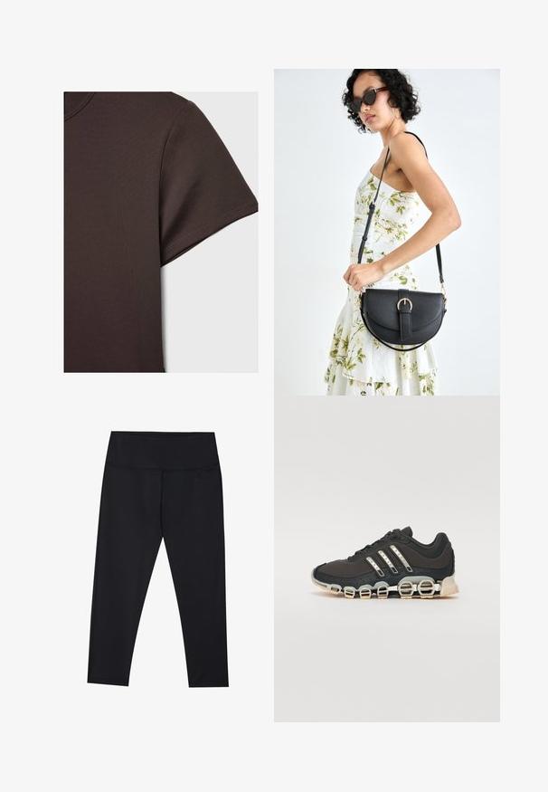 Dunkelbraunes Kurzarm-T-Shirt aus glattem, dehnbarem Material, mit klassischem Rundhalsausschnitt und sauberen Nähdetails.; Schwarze Leggings aus dehnbarem Material, mit hohem Bund und flachen Nähten. Knöchellang mit einer glatten, matten Textur.; Schwarzer Sportschuh mit einer strukturierten Oberseite, drei silbernen Streifen und einer markanten Dämpfungssohle mit mehreren integrierten Sektionen.; Schwarze Lederhandtasche mit geschwungener Form, abnehmbarem Tragegurt und goldenen Beschlägen. Die Tasche verfügt über einen Deckel mit einer Schnallen-Details.