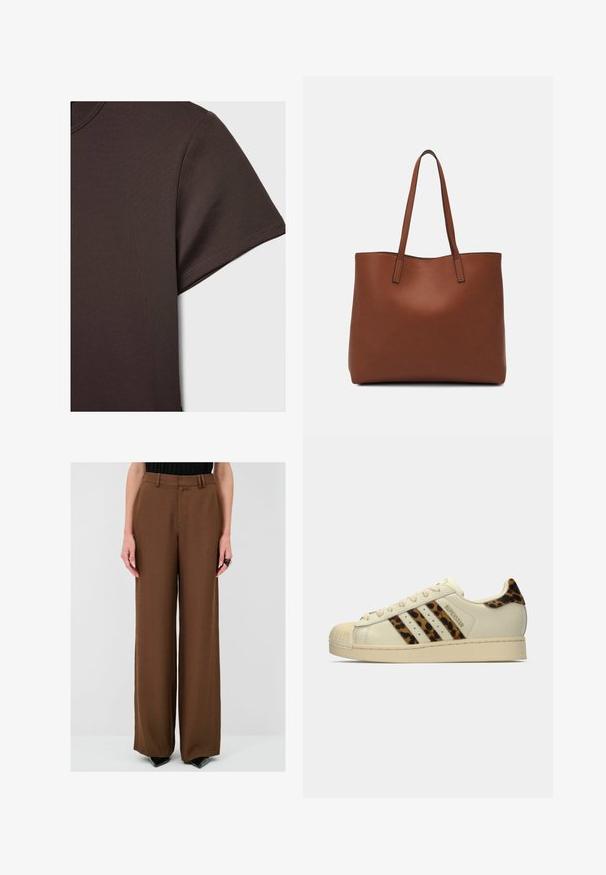 T-paita tummanruskeana lyhythihaisena, valmistettu sileästä ja joustavasta materiaalista, jossa on klassinen pyöreä kaula-aukko ja siistit ompeluyksityiskohdat.; Ruskeat leveät housut, joissa on sileä pinta, varustettu vyölenkeillä ja laskoksilla, yhdistetty mustiin korkokenkiin erottuvan ilmeen saavuttamiseksi.; Off-white Adidas Superstar lenkkari, jossa on leopardi-kuosiset raidat ja kantapää, beige kuminen kärki sekä "SUPERSTAR"-teksti sivussa.; Ruskea nahkainen olkalaukku, jossa on sileä pinta, avoin yläosa ja kaksi olkahihnaa. Omaavat vain minimaalisen ompelun eikä näkyvää metalliosaa.