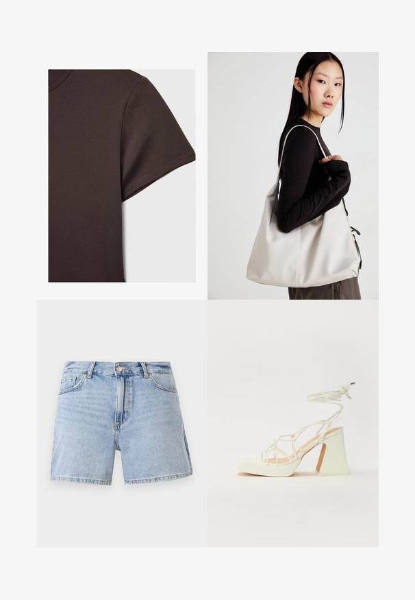Tmavo hnedé tričko s krátkym rukávom vyrobené z hladkého, elastického materiálu, s klasickým okrúhlym výstrihom a čistými detailmi šitia.; Svetlo modré riflové šortky s vysokým pásom, štandardným dizajnom piatich vreciek a strihanými okrajmi. Vyrobené z bavlny s bledou úpravou.; Biele sandále na vysokom opätku s hrubým podpätkom, s pruhovaným dizajnom a viazaním na členku. Hladký povrch s platformou vpredu pre zvýšenú výšku.; Béžová kabelka vyrobená z mäkkého materiálu, s uvoľneným dizajnom, prišitými detailmi a dvoma popruhmi na nosenie na pleciach. Vhodná na každodenné nosenie.