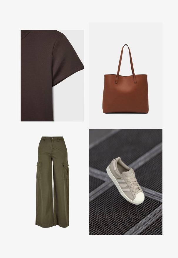 Tmavo hnedé tričko s krátkym rukávom vyrobené z hladkého, elastického materiálu, s klasickým okrúhlym výstrihom a čistými detailmi šitia.; Olívovo zelené široké nohavice typu cargo s dvoma bočnými vreckami, vyrobené z mäkkej a odolnej látky. Majú precízne šitie a zapínanie na gombík.; Bežové tenisky Adidas Superstar s textúrovaným koženým zvrškom, tromi bočnými pruhmi, okrúhlou špičkou a logom na jazyku a päte.; Hnedá kožená taška na rameno s hladkou textúrou, otvoreným vrchom a dvoma ramenými popruhmi. Má minimálne šitia a žiadne viditeľné kovania.