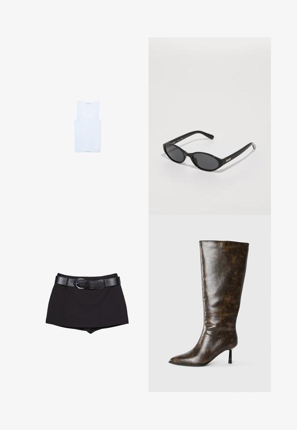 Canotta bianca in cotone, caratterizzata da un scollo rotondo e spalline larghe. Texture liscia, design senza maniche e silhouette aderente.; Pantaloni corti neri con una texture liscia, dotati di una cintura larga nera e una fibbia argentata, con un taglio aderente e vita leggermente alta.; Stivale ginocchiero in pelle marrone invecchiata con punta affusolata e sottile tacco a stiletto su sfondo bianco.; Occhiali da sole neri con lenti tonde, montatura in plastica lucida e logo "QUAY" in oro sul lato. Presentano lenti scure.; Collana con pendente che presenta un pendente quadrato in argento metallico texturizzato su un cordino nero. I dettagli notevoli includono motivi intricati e una finitura liscia.