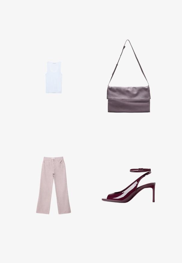 Valkoinen puuvillainen tankkitoppi, jossa on pyöreä pääntie ja leveät olkaimet. Sujuva pinta, hihaton muotoilu ja tiukka siluetti.; Vaaleanpunaiset leveälahkeiset farkut, joissa on vetoketjuseppä, viisi taskua ja huomaamattomat ompeluyksityiskohdat.; Burgundy patentoitu nahkasaapas korkeilla koroilla, jossa on aukko varpaissa, nilkkahihna ja sulava siluetti. Kiiltävä pinta lisää visuaalista houkuttelevuutta.; Harmaa nahkainen olkalaukku, jossa on käännettävä läppä, etupuolella vetoketjullinen tasku ja säädettävä hihna mukavuutta varten.