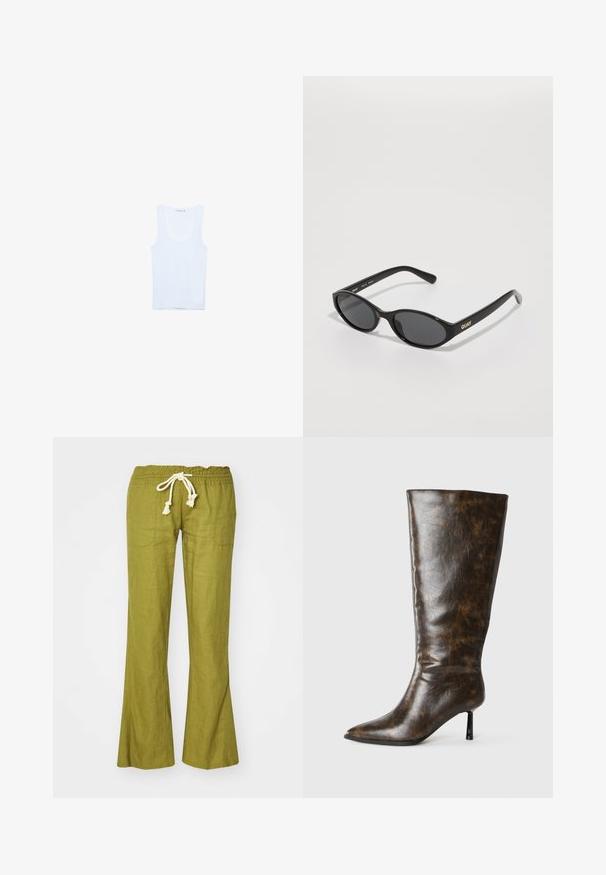 Weißes Baumwoll-Top ohne Ärmel, mit rundem Ausschnitt und breiten Trägern. Glatte Textur, ärmelloses Design und taillierte Silhouette.; Grüne Leinenhose mit weitem Schnitt, elastischem Bund und verstellbarem Kordelzug. Mit zwei Seitentaschen und glatter Textur.; Braune, abgenutzte Lederkniehohe Stiefel mit spitzem Zeh und dünnem Stiletto-Absatz auf weißem Hintergrund.; Schwarze Sonnenbrille mit runden Gläsern, glänzender Kunststofffassung und goldfarbenem "QUAY"-Logo an der Seite. Mit dunkel getönten Gläsern.; Ein Anhänger-Halskette mit einem strukturierten, metallischen Silberquadrat-Anhänger an einem schwarzen Band. Hervorzuhebende Details sind filigrane Muster und eine glatte Oberfläche.