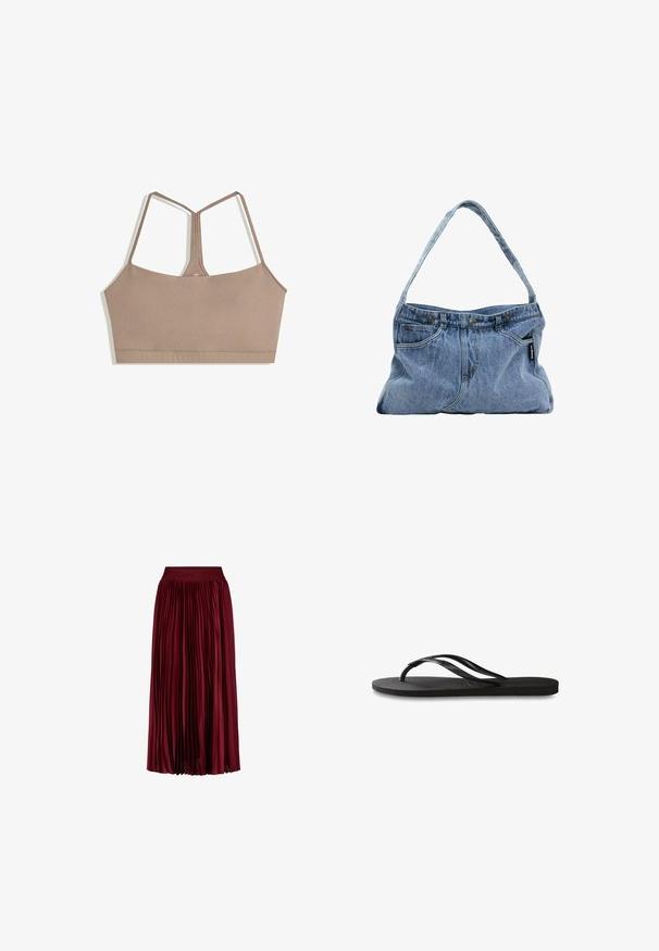Rintaliivi hillityssä ruskeassa värissä, jossa on sileä rakenne, säädettävät spagettiolkaimet ja neliön muotoinen kaula-aukko, ilman näkyviä kiinnityksiä.; Burgundy pleated midi-hame, jossa on joustava vyötärö ja hienovarainen kohokuvioitu brändinimi.; Mustat flip-flopit, joissa on röpelöinen kumipohja, kaksi hoikkaa remmiä ja hillitty, kohokuvioitu logotyyli remmissä.; Denim-olalla, jossa on kaareva hihna, kaksi etutaskua ja nappikiinnitys, sisältäen vaaleansinistä kangasta ja kontrastoivia ompelutietoja.