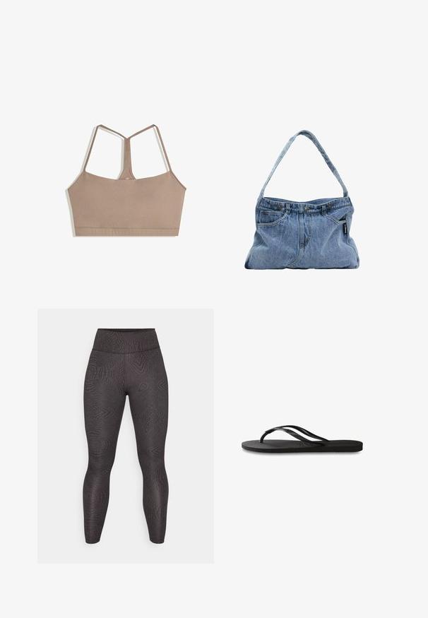 Bra in a muted brown color with a smooth texture, featuring adjustable spaghetti straps and a square neckline design, no closures visible.; Black leggings featuring a textured pattern with swirls and lines, high waistband, and a close-fitting design that extends to the ankles.; Black flip-flop featuring a textured rubber sole, two slender straps, and a subtle, embossed logo detail on the strap.; Denim shoulder bag with a curved strap, two front pockets, and a buttoned top, featuring light blue fabric and contrasting stitching details.