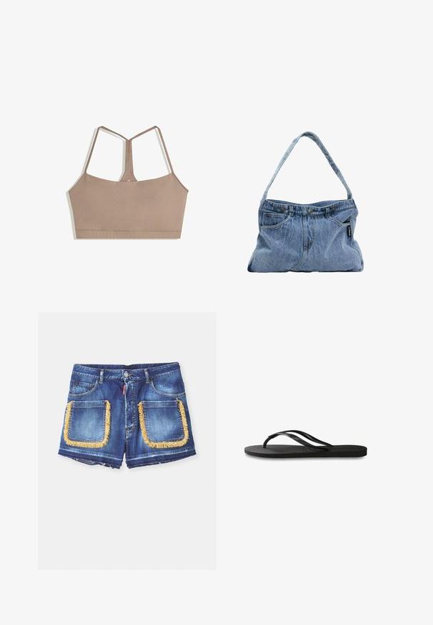 Egy tompa barna színű melltartó, sima textúrával, állítható spagetti pántokkal és négyzet alakú nyakkivágással, látható zár nélkül.; Sötétkék farmer rövidnadrág, sárga rojttal a nagy elülső zsebeken. Azujj cipzáras és gombos záródással rendelkezik, megviselt széllel.; Fekete papucs texturált gumitalppal, két vékony pánttal és finom, domború logóval a pánton.; Farmer vászontáska ívelt pánttal, két elülső zsebbel és gombos felső résszel, világoskék anyagból, kontrasztos varrási részletekkel.
