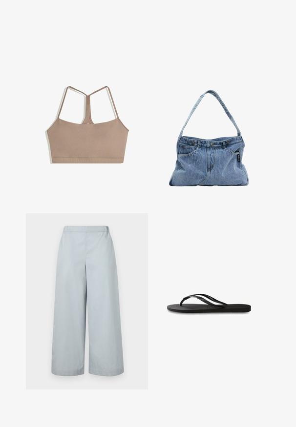 Biustonosz w stonowanym brązowym kolorze o gładkiej fakturze, z regulowanymi ramiączkami spaghetti i kwadratowym dekoltem, bez widocznych zapięć.; MM ANTILLE jasnoniebieski; Czarne klapki z teksturowaną gumową podeszwą, dwiema smukłymi paskami oraz subtelnym, wytłoczonym logo na pasku.; Denimowa torba na ramię z zakrzywionym paskiem, dwoma przednimi kieszeniami i zapięciem na guziki, wykonana z jasnoniebieskiego materiału z kontrastującymi detalami szycia.