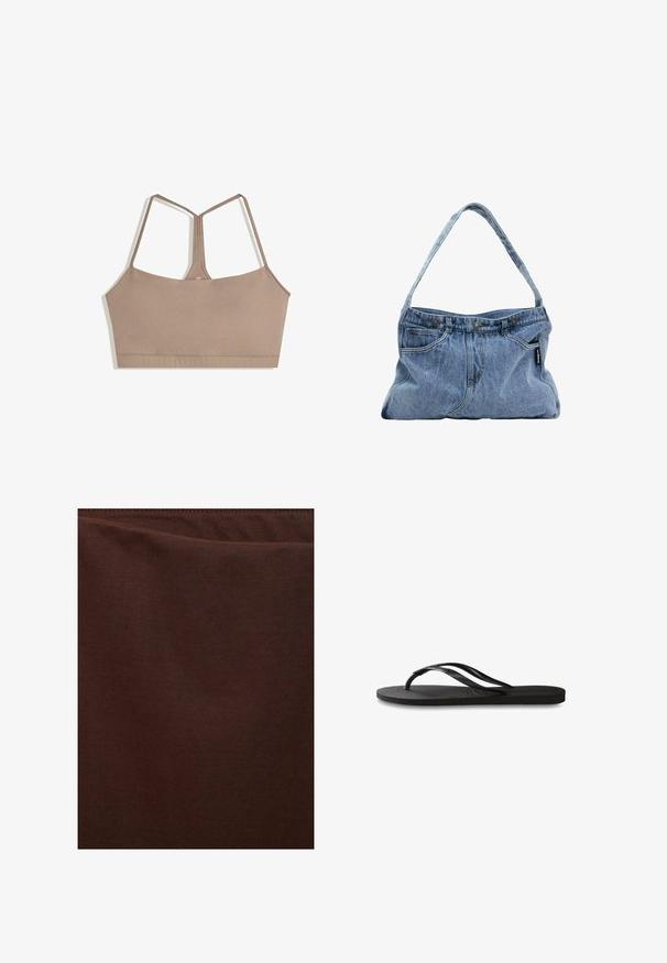 Grudnjak u umjerenoj smeđoj boji s glatkom teksturom, koji sadrži podesive trakice i dizajn kvadratnog izreza, bez vidljivih zatvarača.; Tamno smeđa tkanina, glatke teksture, blago sjajna površina, bez vidljivih uzoraka ili akcenta, karakterizira čista i jednostavna izrada.; Crne japanke s teksturiranom gumenenom potplatom, dva uska remena i suptilnim, urezanim logom na remenu.; Denimska torba preko ramena s zakrivljenim remenom, dva prednja džepa i gornjim djelom na dugme, s svijetlopPlavom tkaninom i kontrastnim detaljima šivanja.