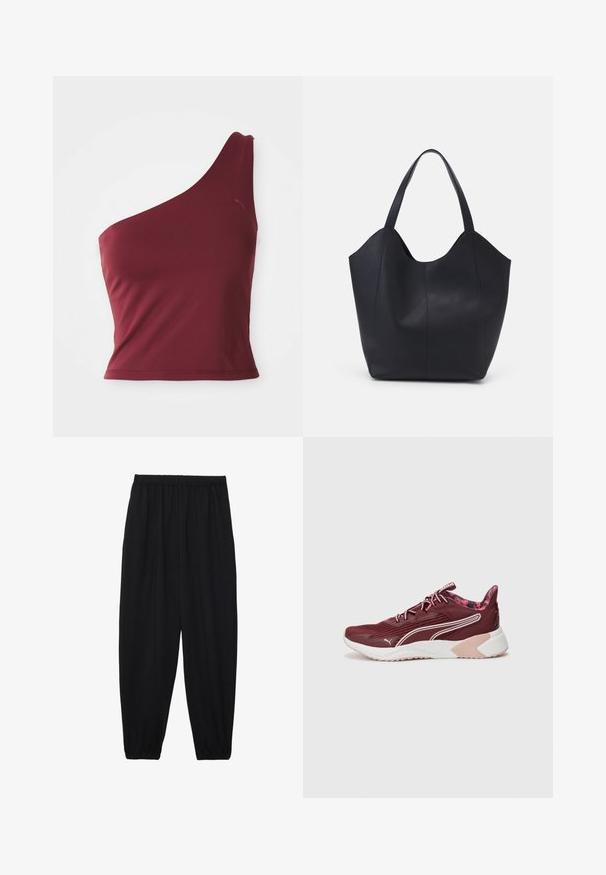 Bordo crop top s jednim ramenom s malim Puma logotipom na gornjoj desnoj strani.; Crne, lagane hlače s elastičnom stražnjom pasicom i naboranim gležnjevima. Tkanina je glatka i ima opušteni, suženi dizajn.; Maroon atletska cipela s teksturiranim gornjim dijelom, bijelim detaljima i ružičastom potplatom. Ima udoban potplat i uzorčenu unutrašnju podstavu.; Crna torba od glatke kože, s zakrivljenim otvorenim vrhom, dva remena za rame i minimalističkim dizajnom.