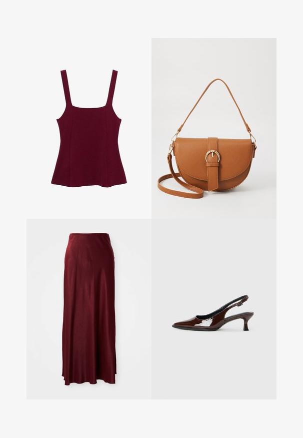 Caraco bordeaux en tissu texturé, avec un décolleté carré et des bretelles fines, doté d'une taille évasée.; Jupe maxi longue bordeaux en matériau lisse et léger avec une légère brillance. Dispose d'une taille ajustée et d'un design fluide.; Chaussure slingback en cuir verni marron avec un bout pointu et un talon modéré. Elle est dotée d'une sangle à boucle pour un ajustement sécuritaire. Texture lisse.; Sac bandoulière en cuir marron avec une forme incurvée, quincaillerie dorée et un accent en boucle. Comprend une bandoulière détachable.