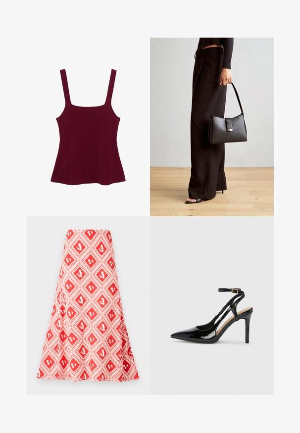 Burgundy camisole made of textured fabric, featuring a square neckline and thin straps, with a flared waist design.; Red and white patterned skirt featuring a diamond design with small flower motifs and a flared shape, made from a smooth fabric.; Black patent leather high-heeled slingback shoe with pointed toe, adjustable ankle strap, and open sides. Smooth texture.; Black handbag with structured shape, smooth texture, and a metallic clasp. Paired with wide black pants and open-toe sandals on wooden floor.