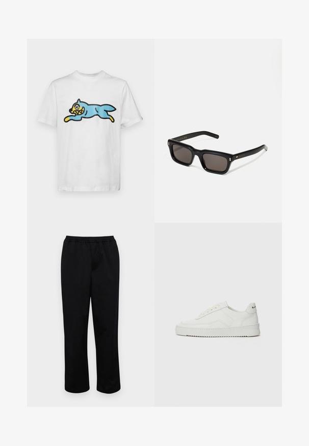 T-shirt de algodão branca com um gato azul em estilo de desenho animado, com o rosto amarelo e dentes afiados, posicionado em uma postura de salto.; Calças pretas de comprimento médio com um cós elástico. Feitas de um tecido suave, com um corte descontraído e sem bolsos ou adornos visíveis.; Sapatilha de couro branco com acabamento suave, bico redondo, atacadores planos e uma sola texturizada. Apresenta um logotipo discreto no calcanhar.; Óculos de sol retangulares pretos com lentes escuras, armação de plástico espesso, detalhes em dourado nas hastes e logotipo da marca gravado na lateral.