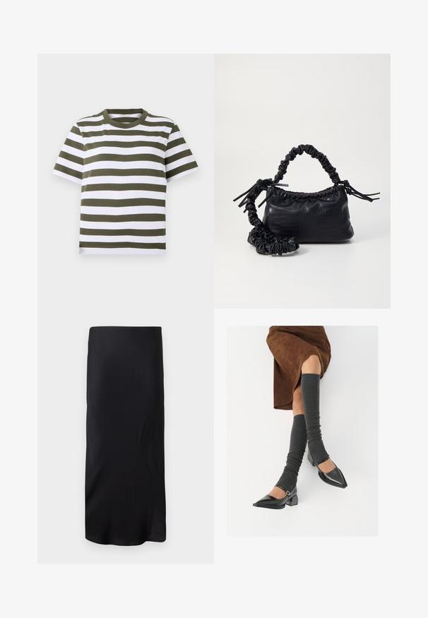Vihreä-valkoinen raidallinen lyhythihainen t-paita pyöreällä kaula-aukolla, valmistettu pehmeästä puuvillakankaasta. Sisältää tasaisia vaakaraitoja.; Mustapohja, hihaton midi-hame, joka on valmistettu sileästä kankaasta. Ominaisuuksina suora ja pitkänomainen muoto ilman kuvioita tai koristeita. Yksinkertainen ja minimalistinen muotoilu.; Musta lakattu nahkakengät teräväkärkisillä, leveällä kantapäällä ja nilkkahihnalla, yhdistettynä harmaisiin ribattuihin säärystimiin ja ruskeaan mokkasiinimekkoon.; Must-have mustekahvi nahkalaukku krokotiiliaistalla, kiristetty yläosa ja rypistetty hihna. Näyttää pehmeältä ja kompaktilta muotoilultaan.