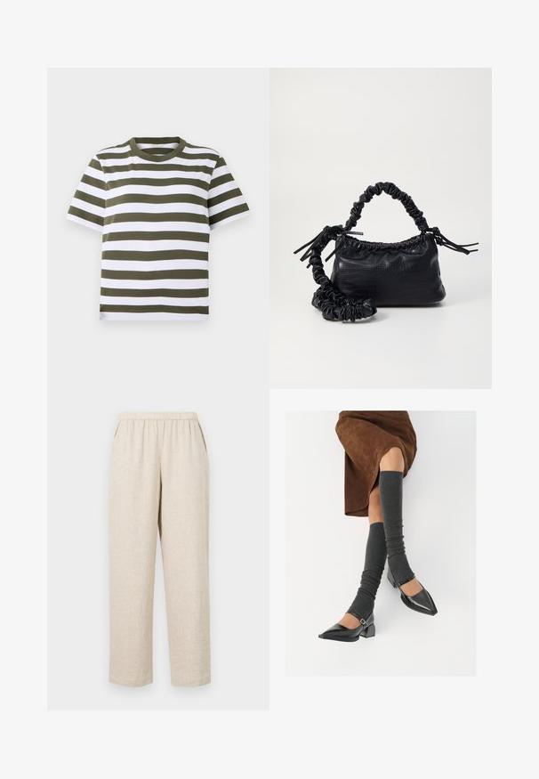 Zöld és fehér csíkos, rövid ujjú póló, kerek nyakkivágással, puha pamut anyagból készült. Egyenletes vízszintes csíkokkal rendelkezik.; Beige vászon nadrág gumi derékkal, oldalsó zsebekkel, egyenes lábakkal és texturált anyagú felülettel.; Fekete lakk bőrből készült, hegyes orrú cipők, tömbsarkúakkal és bokapánttal, szürke bordás lábszármelegítőkkel és barna velúr szoknyával párosítva.; Fekete műbőr kézi táska krokodil bőr textúrával, összehúzható tetejű és gyűrt pánttal. Lágy és kompakt dizájnúnak tűnik.