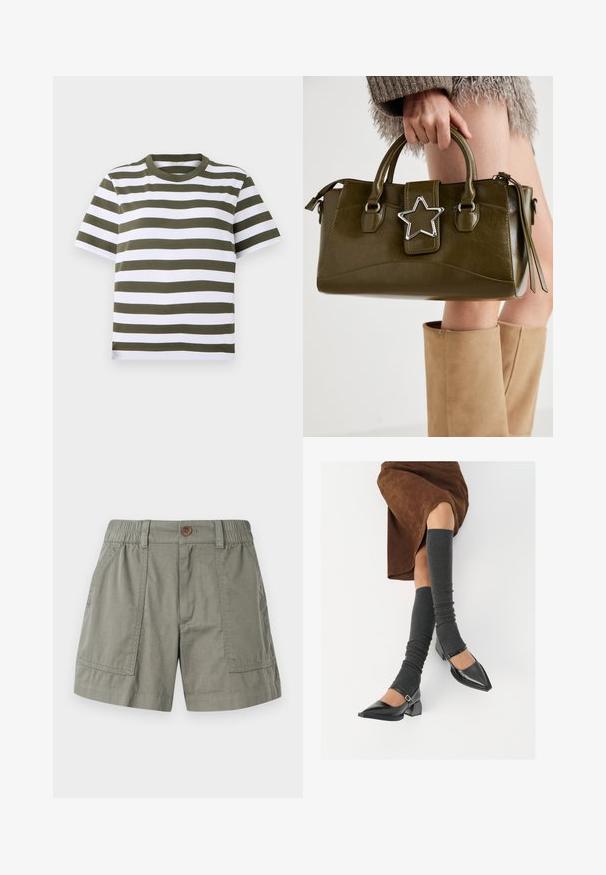 Zielona i biała w paski krótka koszulka z okrągłym dekoltem, wykonana z miękkiej bawełnianej tkaniny. Posiada równo ułożone poziome paski.; Jasnooliwkowe szorty wykonane z mieszanki bawełny, z elastycznym paskiem w talii, przednimi kieszeniami i pojedynczym zapięciem na guzik.; Czarne lakierowane buty na szpilce z prostokątnym obcasem i paskiem na kostce, zestawione z szarymi prążkowanymi ocieplaczami na nogi oraz brązową zamszową spódnicą.; Oliwkowa torebka z ekoskóry z srebrnym akcentem w kształcie gwiazdy, podwójnymi uchwytami i zapięciem na zamek. Teksturowana powierzchnia i wyraźnie zarysowany kształt.