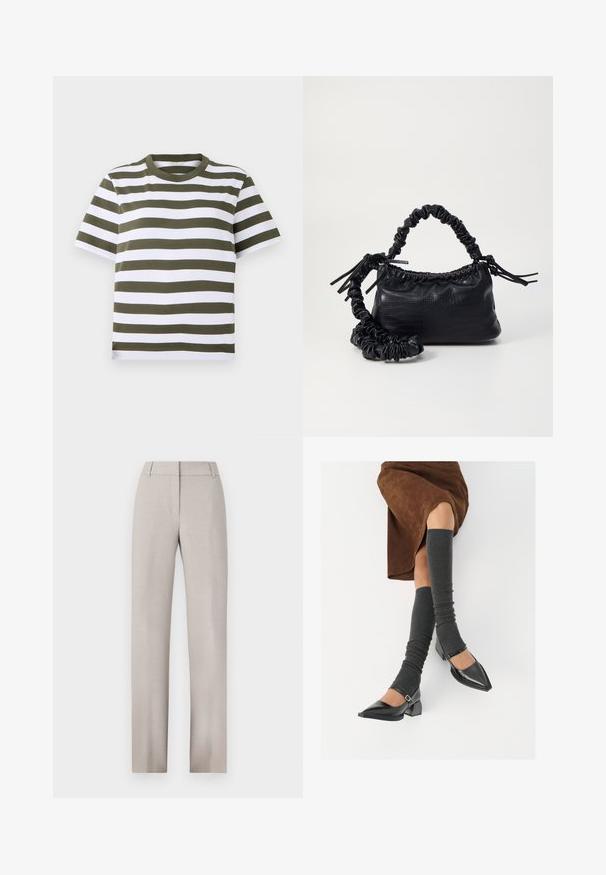 Green and white striped short-sleeve T-shirt with a round neckline, made of soft cotton fabric. Features even horizontal stripes.; Light beige tailored trousers with a straight leg design. Crafted from textured fabric, featuring a flat front and belt loops.; Black patent leather pointed-toe shoes with a block heel and ankle strap, paired with gray ribbed leg warmers and a brown suede skirt.; Black faux leather handbag with a crocodile texture, cinched top, and a scrunched strap. Appears soft and compact in design.