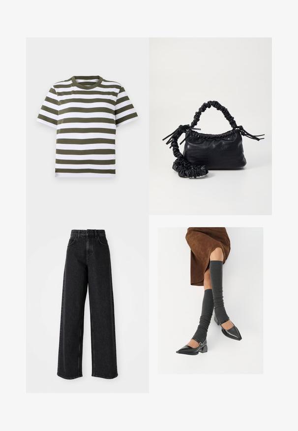 Žalias ir baltas dryžuotas trumpas rankovės T-marškinėliai su apvaliu iškirpimu, pagamintas iš minkštos medvilnės. Savybė yra tolygūs horizontalūs dryžiai.; Juodos aukšto liemens plačios kojų džinsai, pagaminti iš džinsinio audinio, turi klasikinį penkių kišenių dizainą ir subtilius siuvimo akcentus.; Juodi lakuoti odiniai batai su aštriu kuma ir bloko kulnu, derinami su pilkais riebiais kojų šildytuvais ir rudais zomšiniais sijonais.; Juodas dirbtinės odos rankinė su krokodilo tekstūra, sušnibždinta viršuje ir susikraipytu dirželiu. Atrodo minkšta ir kompaktiška.