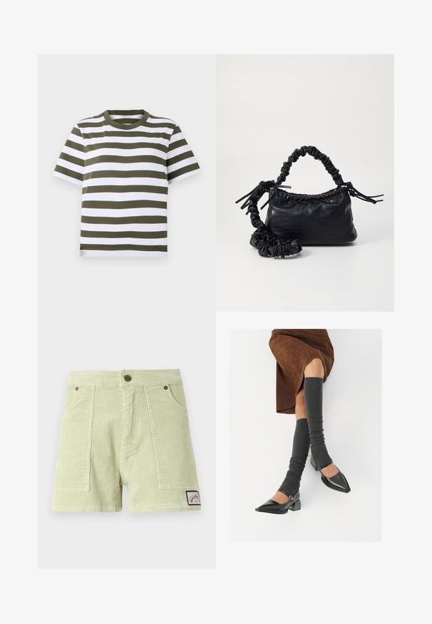 Grønn og hvit stripete kortermet T-skjorte med rund hals, laget av myk bomull. Har jevne horisontale striper.; Lys grønne corduroy-shorts med ribbet tekstur, to forlommer, et bagpatchmærke og metal-knap hardware.; Sorte lakkpumps med spiss tå, blokkhel, og ankelstropp, kombinert med grå ribbestrikkede beinvarmere og et brunt semsket skinn skjørt.; Svart faux skinn-håndveske med krokodilletekstur, strammet topp og en rynket stropp. Ser myk og kompakt ut i designen.