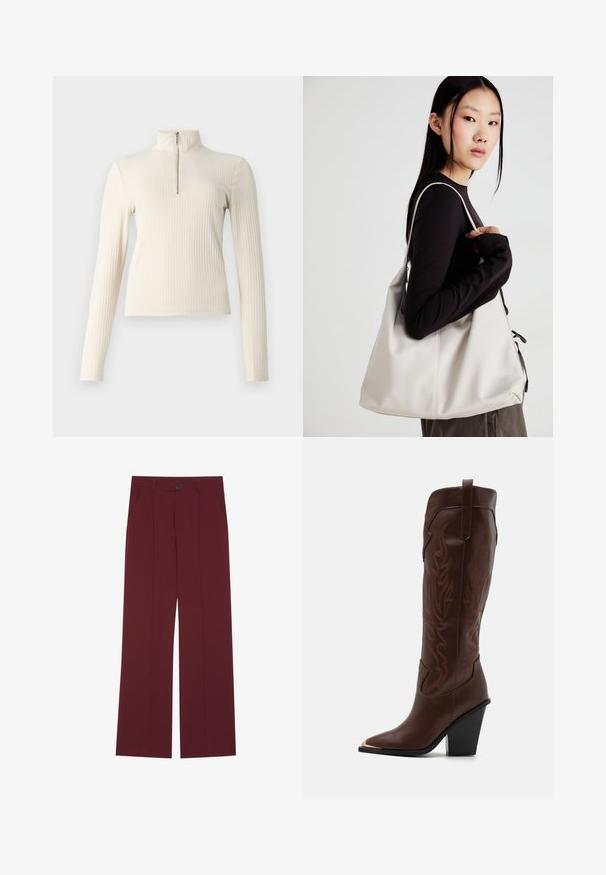 Kreminė ribota megztinio palaidinė su ilgomis rankovėmis ir apykakle. Priekyje yra ketvirčio užtrauktukas ir prigludusi forma. Lygus raštas.; Burgundinės kelnes su plačiomis kojomis, turinčios mygtukų užsegimą, dvi šonines kišenes ir raukšlių detalę priekyje. Lygus audinio paviršius.; RAID RIMSKY - Aukštakulniai batai - brown; Bežinė rankinė, pagaminta iš minkštos medžiagos, turinti laisvą dizainą, siuvinėtas detalės ir dvi petnešos. Tinkama kasdieniam naudojimui.