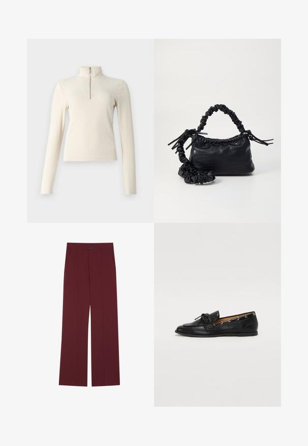 Pulover crem cu nervuri, cu manșoni lungi și guler înalt. Dispune de un fermoar de un sfert în față și un design ajustat. Textură simplă.; Pantaloni burgundy cu un design cu picior larg, cu închidere cu nasture, două buzunare laterale și detalii pliate în față. Textură de țesătură netedă.; Mocasini din piele neagră cu fundiță legată, având accente aurii sub formă de ochiuri pe laterale și o talpă plată din cauciuc. Textură netedă, design clasic.; Geantă din faux leather neagră cu textură de crocodil, cu partea superioară strânsă și o curea mototolită. Pare moale și compactă ca design.