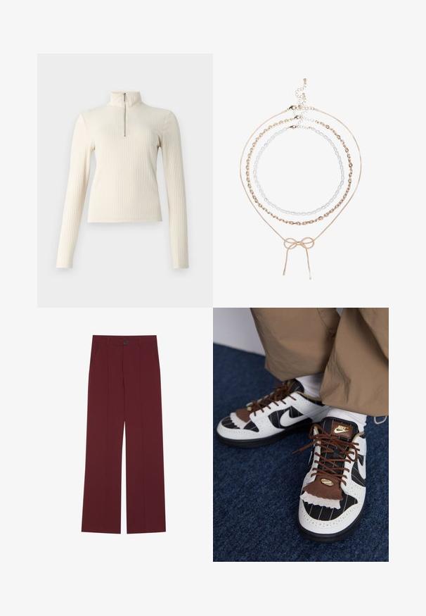 Pull en crème à côtes avec des manches longues et un col montant. Présente une fermeture éclair quart de tour à l'avant et une coupe ajustée. Texture unie.; Pantalons bordeaux avec une coupe évasée, dotés d'une fermeture à bouton, de deux poches latérales et de détails plissés à l'avant. Texture de tissu lisse.; Baskets Nike avec des matériaux blancs, noirs et bruns. Caractéristiques d'un rabat texturé en brun, d'un design rayé et de laçage traditionnel avec des accents dorés.; Collier à trois couches composé de chaînes dorées, d'un fil de perles argentées et d'un détail en nœud central. Comprend un fermoir ajustable.
