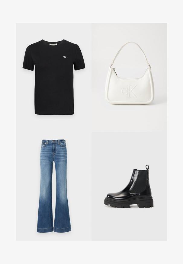 Zwart katoenen T-shirt met een klassieke ronde hals, korte mouwen en een klein wit geborduurd "ck" logo op de borst.; Blauwe denim flared jeans met een hoge taille, met een lichtere vervaging aan de onderkant en gestikte zoomdetails. Klassiek vijf-pocket ontwerp.; Zwarte leren enkelboots met een strak ontwerp, elastische zijpanelen en een stevige zwarte zool. Voorzien van een trekknoop aan de achterkant voor gemakkelijk aan- en uittrekken.; Witte lederen handtas met een gebogen vorm, voorzien van een reliëf "CK" logo aan de voorkant en een enkele schouderriem. Ritsluiting aan de bovenkant.