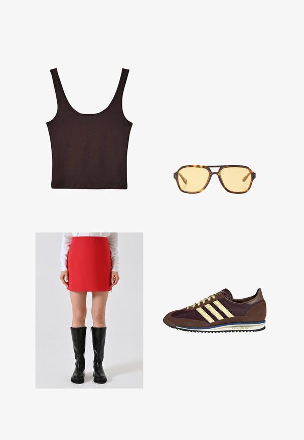Ciemnobrązowy prążkowany top na ramiączkach z szerokimi paskami na ramionach i dopasowanym krojem. Tkanina jest miękka, o gładkiej fakturze i skróconej długości.; Kobieta w czerwonej mini spódnicy, w połączeniu z czarnymi skórzanymi kozakami do kolan i białą bluzką z długim rękawem, na jednolitym tle.; Brązowe i burgundowe sneakersy wykonane z zamszu i siateczkowych materiałów, z trzema kremowymi paskami, teksturowanym materiałem na języku i gumową podeszwą.; Okulary przeciwsłoneczne w kolorze wenge z geometrycznym wzorem, żółtymi soczewkami i metalowymi akcentami na zausznikach. Szeroka oprawa o matowej fakturze.; Brązowa skórzana torebka na ramię z wzorem logo, złotym łańcuszkiem na pasku, zapięciem na zamek błyskawiczny oraz złotymi akcentami. Kompaktowy i prostokątny kształt.