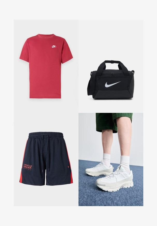 Raudonas trumpomis rankovėmis Nike marškinėlis su balta logotipu kairiajame krūtinės srityje, apvalia kaklo iškirpte ir vienspalviu dizainu ant neutralaus fono.; Tamsiai mėlynos tinklinės šortai su raudonomis šoninėmis juostelėmis. Yra elastingas juosmuo ir raištelis. Kairėje šlaunyje yra logotipo siuvinėjimas.; Baltos sportinės bateliai su tekstūruotais uždengimais, masyviu padu ir pilkais akcentais. Dėvimi su baltais trumpais kojiniais ir žaliais šortais mėlyname paviršiuje.; Juodas sportinis krepšys su lygiu audiniu, dviem užtrauktukais užsegamais skyreliais, paminkštintomis rankenomis ir dideliu baltu Nike logotipu priekyje.