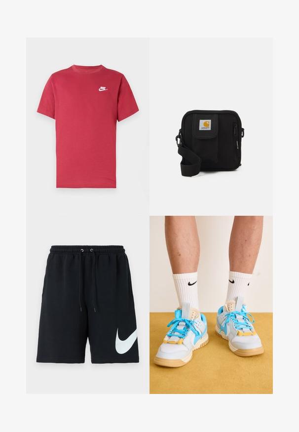 Rdeča kratka majica z Nike-ovim belim logotipom na levi strani prsi, okroglim izrezom in enostavnim dizajnom na nevtralnem ozadju.; Črne bombažne kratke hlače z elastičnim pasom, vrvico za zategovanje, stranskimi žepi in velikim belim logotipom Nike, natisnjenim na levi strani.; Svetlo modri športni copati s bež podplati, ki se ponašajo z izrazitimi turkiznimi vezalkami in rumenimi poudarki. Teksturne materiale in vidno zračno blaženje.; Črna torba čez ramo z zadrgo v glavni preddverju, sprednjim žepom, nastavljivim trakom in vidno oznako na pokrovu.