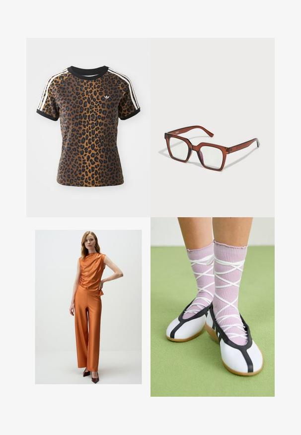 T-shirt a fantasia leopardata con maniche corte, colletto a girocollo a coste nere e strisce laterali bianche. Realizzato in tessuto morbido con una vestibilità rilassata.; Top in satin arancione con scollatura drappeggiata, abbinato a pantaloni larghi coordinati. La modella indossa tacchi alti marroni. Design semplice e senza cuciture.; Scarpe bianche flat con bordi e suola nera, abbinate a calze a coste di un delicato viola chiaro con fasce bianche incrociate. Ambientate su uno sfondo verde.; Occhiali rettangolari oversize marroni con lenti trasparenti e una leggera sfumatura rosa sulla lente destra. Montatura in plastica con texture liscia.