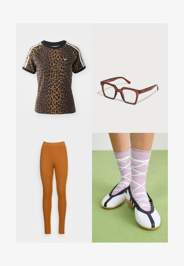 Koszulka z nadrukiem w panterkę z krótkimi rękawami, czarnym prążkowanym okrągłym dekoltem i białymi paskami po bokach. Wykonana z miękkiego materiału o luźnym kroju.; Ryfle leginsy w ciepłym pomarańczowym odcieniu, z wysokim pasem. Wykonane z miękkiego materiału o pionowej fakturze, zapewniające dopasowane dopasowanie.; Białe płaskie buty z czarnym wykończeniem i podeszwą, w połączeniu z jasnofioletowymi skarpetkami w prążki z białymi krzyżującymi się paskami. Ustawione na zielonym tle.; Brązowe, przerośnięte prostokątne okulary z przezroczystymi soczewkami i lekkim różowym odcieniem na prawej soczewce. Plastikowa oprawka o gładkiej fakturze.