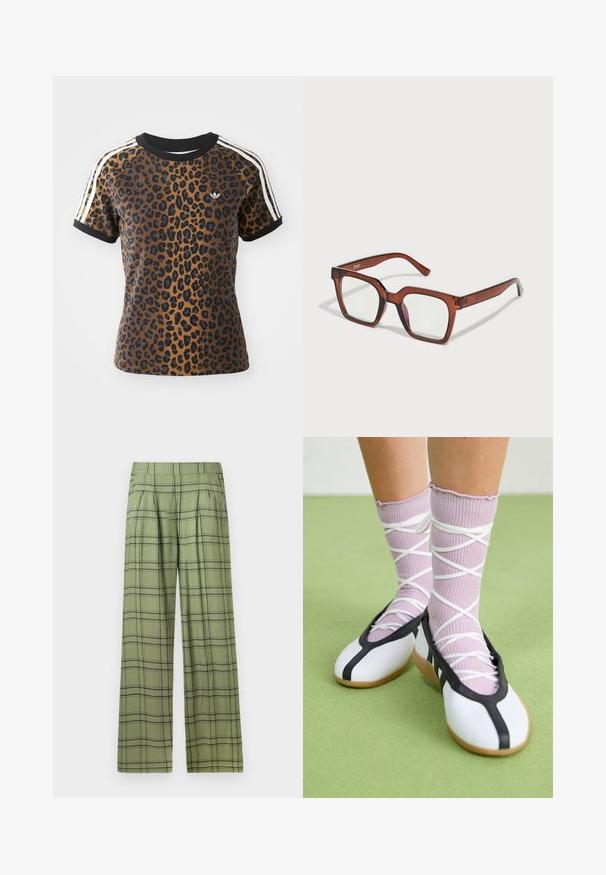 T-shirt de estampa de leopardo com mangas curtas, gola redonda canelada preta e riscas brancas laterais. Feito de tecido suave com um corte descontraído.; Calças largas verdes com padrão xadrez preto e uma cintura alta, pregas frontais e bolsos laterais.; Sapatos brancos planos com detalhes e solado pretos, combinados com meias caneladas roxas claras com tiras brancas em cruz. Colocados sobre um fundo verde.; Óculos retangulares oversized castanhos com lentes transparentes e uma ligeira tonalidade rosa na lente direita. Armação em plástico com textura suave.