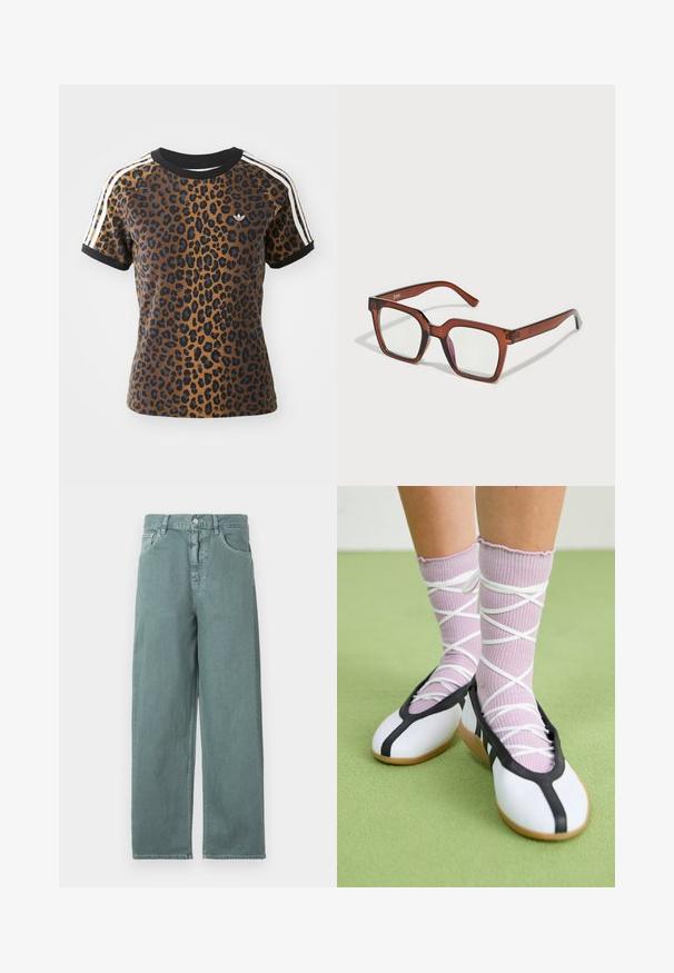 Leopard print T-shirt with short sleeves, black ribbed crew neck, and white side stripes. Made from soft fabric with a relaxed fit.; Light green wide-leg jeans featuring a button closure, four pockets, and subtle stitching details, with a smooth cotton fabric texture.; White flat shoes with a black trim and sole, paired with light purple ribbed socks featuring white crisscross straps. Set on a green background.; Brown oversized rectangular glasses with clear lenses and a slight pink tint on the right lens. Plastic frame with smooth texture.
