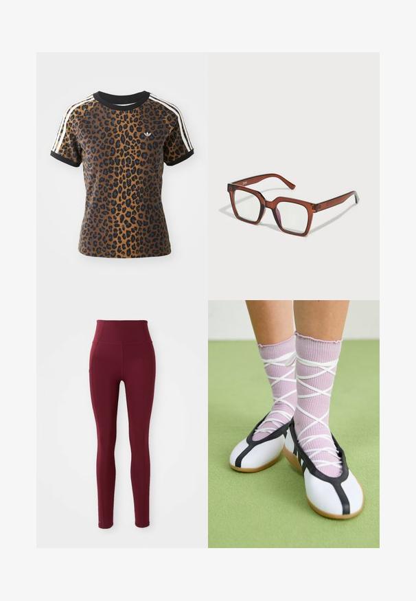 Pöttyös lila T-shirt rövid ujjal, fekete bordás kerek nyakkivágással és fehér oldalsávokkal. Puha anyagból készült, laza szabással.; Burgundi színű, magas derekú leggings rugalmas anyagból, sima textúrával és oldalsó zsebbel.; Fehér lapos cipők fekete díszítéssel és talppal, világos lila bordázott zoknikkal, fehér keresztszalagokkal. Zöld háttér előtt.; Barna, túlméretes, téglalap alakú szemüveg, átlátszó lencsékkel, a jobb lencsén enyhe rózsaszín árnyalattal. Műanyag keret sima felülettel.