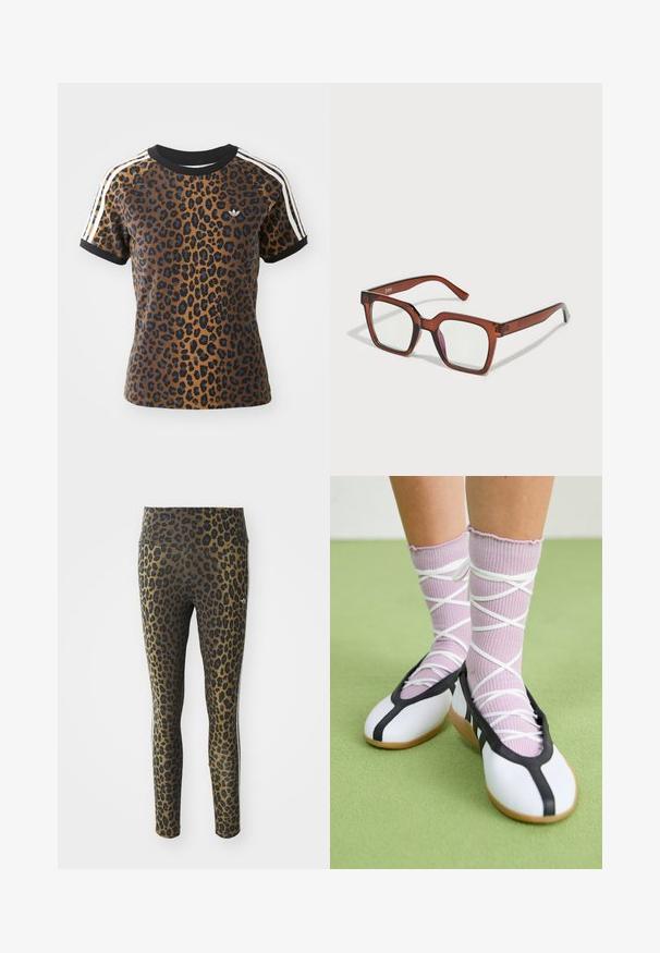 T-shirt de estampa de leopardo com mangas curtas, gola redonda canelada preta e riscas brancas laterais. Feito de tecido suave com um corte descontraído.; Leggings com padrão de onça, apresentando uma cintura alta, tecido elástico e detalhes pretos sobre uma base castanho claro, projetados para conforto e ajuste.; Sapatos brancos planos com detalhes e solado pretos, combinados com meias caneladas roxas claras com tiras brancas em cruz. Colocados sobre um fundo verde.; Óculos retangulares oversized castanhos com lentes transparentes e uma ligeira tonalidade rosa na lente direita. Armação em plástico com textura suave.