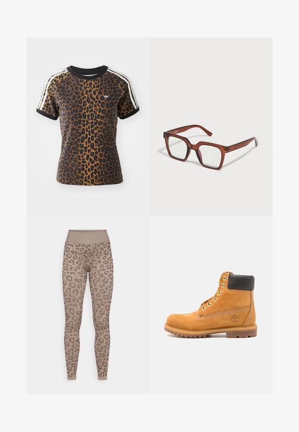 Camiseta de leopardo de manga corta, con cuello redondo de canalé negro y franjas laterales blancas. Fabricada en una tela suave con un corte relajado.; Yogasearcher BIDAIA SEAMLESS LEGGING - Leggings - cacao; Botín de cuero marrón con acolchado negro, ojales dorados y suela texturizada. Presenta un logotipo circular en el costado y acentos de costura.; Gafas rectangulares grandes de color marrón con lentes transparentes y un ligero tinte rosado en la lente derecha. Montura de plástico con textura suave.