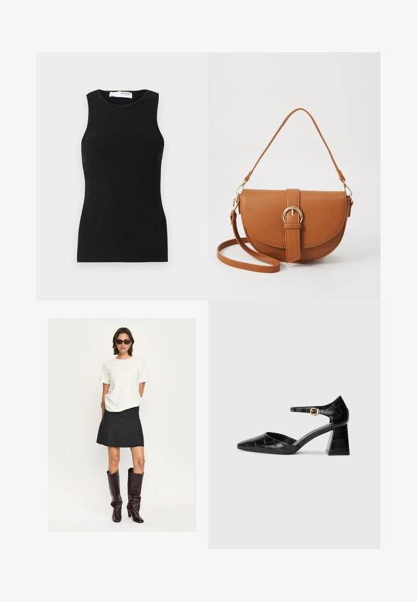Top fără mâneci dintr-un material elastic, de culoare neagră, cu un gât rotund. Are o formă ajustată și o textură netedă.; Top alb cu mânecă scurtă, asortat cu o fustă mini neagră cu tiv evazat și cizme negre lucioase, până la genunchi. Întreaga ținută se remarcă prin linii curate și texturi.; Pantofii negri din piele lăcuită cu toc înalt, vârf ascuțit, curea la gleznă și model texturat de crocodil. Design cu toc pătrat.; Geantă din piele maro, tip crossbody, cu o formă curbată, accesorii aurii și un accent cu cataramă. Dispune de un curea de umăr detașabilă.