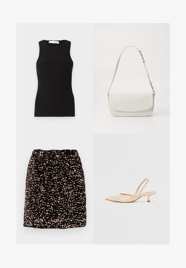 Fekete bordázott, ujjatlan topp, kerek nyakkivágással. Rugalmas anyagból készült, testhez álló fazonja és sima tapintása van.; Fekete szoknya, amelyet flitterek borítanak, rugalmas derékkal és texturált felülettel rendelkezik, fényt visszaverő, fényes felülettel.; Bézs színű lakkbőr slingback magassarkú cipők hegyes orral és vékony, négyzetes sarkú dizájnnal. Simább textúra és minimalista stílus, díszítések nélkül.; Fehér bőr válltáska sima felülettel, téglalap alakú, fedeles záródással és állítható pánttal. Egyszerű varrási részletek.