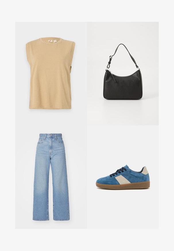 Beige mouwloos topje van zachte stof, met een ronde halslijn en een losse pasvorm met minimale stikseldetails.; Lichtblauwe high-waist wijde jeans met een knoop- en ritssluiting aan de voorkant, voor- en achterzakken, op een witte achtergrond.; Blauwe leren sneakers met een beige leren accent, donkere veters en een gestructureerde gumzool; laag profiel ontwerp met een ronde neus.; Zwarte leren handtas met een gebogen vorm, een enkele schouderband, ritsluiting en subtiele branding aan de voorkant. Glad textuur, minimalistisch ontwerp.
