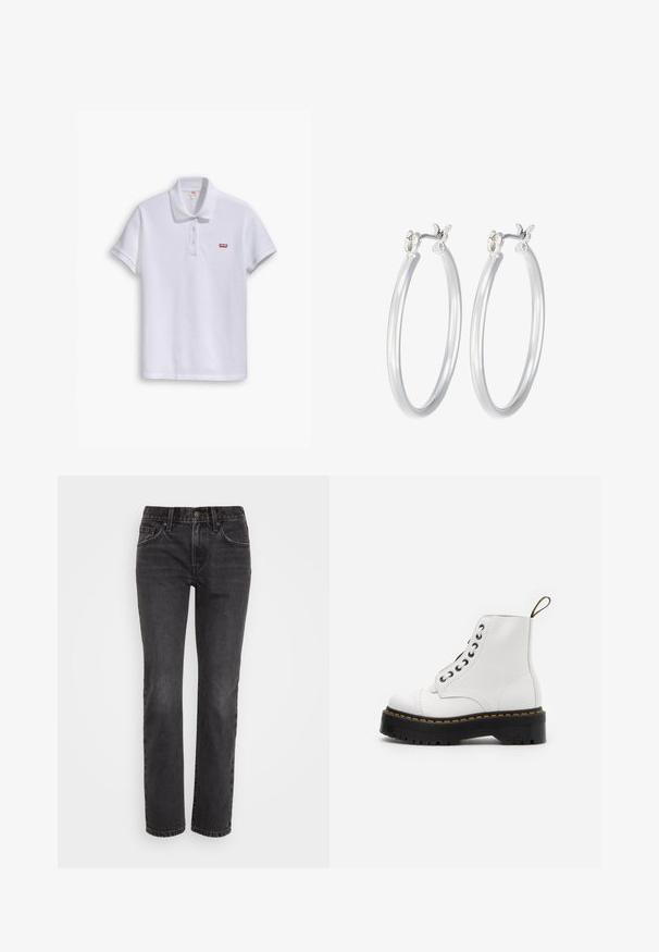 Bela polo majica iz bombaža, z klasičnim ovratnikom, trojnim gumbom in majhnim rdečim logotipom Levi's na levem prsnem delu.; Črne traper hlače z ravnim krojem, ki imajo klasičen pet-pocket dizajn, zadrgo in kontrastno šivanje ob šivih.; Bela usnjena gležnjak s zaobljenim nosom, črna debela podplat, rumeni šivi in šest lukenj za vezalke. Zanka na peti.; Srebrni obroči za ušesa z gladko, polirano površino. Okrogla oblika in varna zaponka s klikom. Lahka zasnova, primerna za vsakodnevno nošenje.