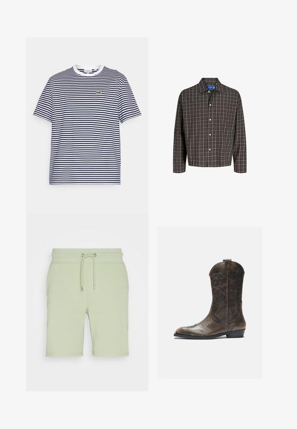 Mornarsko modra in bela črtasta bombažna majica s krožnim izrezom in kratkimi rokavi. Na prsih je majhen zeleni krokodilov logotip.; Rjava in črna karo srajca z ovratnikom na gumb in enim žepom na prsih, prikazana spredaj na beli podlagi.; GANT REG SHIELD - Spodnji deli trenirk - milky matcha; Rjavi usnjeni kavbojški čevlji z visokim ščitnikom, koničastim nosom, zapletenimi šivi in malo peto. Vzorec strukture po celotni površini.