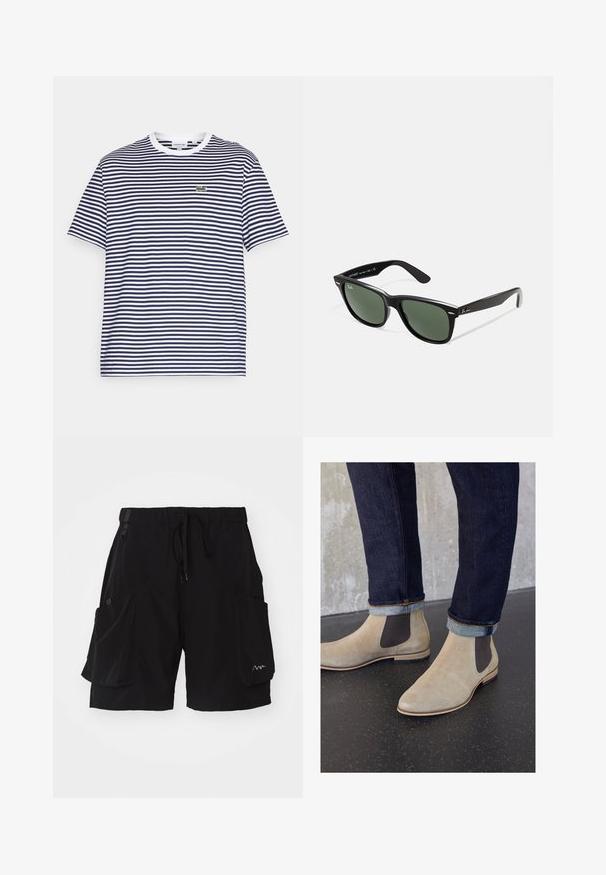 Tengerészkék és fehér csíkos pamut póló kerek nyakkal és rövid ujjakkal. A mellkason egy kis zöld krokodil logó található.; Fekete cargo sort könnyű anyagból, rugalmas derékkal és húzózsinórral, több oldalsó zsebbel és logós részlettel.; Zign LEATHER - Klasszikus bokacsizmák - sand; Fekete műanyag napszemüveg zöld lencsékkel, négyzet alakú kerettel, ezüst díszítéssel a keret felső részén, valamint texturált szárakkal. A márka neve a belső száron található.