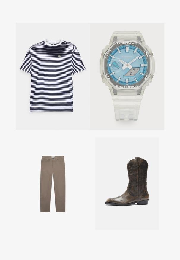 Tumesinine ja valge triibuline puuvillane t-särk ümmarguse kaela ja lühikeste varrukatega. Ees on väike roheline krokodilli logo.; Pruunid püksid sirge lõikega, millel on ees taskud ja aktsentõmblused külgedel, et lisada detaili ja tekstuuri.; Pruun nahast cowboy saapad, millel on pikk vars, terav varvas, keerukad õmblusmustrid ja väike konts. Ühtlane tekstuur kogu ulatuses.; G-Shock kell, millel on selge vaigu korpus, sinine puutetu, metallilised aktsendid, digitaalne ekraan ja tekstuuriga silikoonist rihm. Veekindel kuni 20 baari.