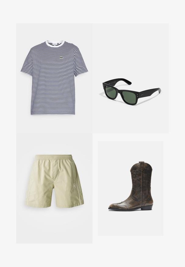 Navy un balti svītrots kokvilnas T-krekls ar apaļu kaklu un īsām piedurknēm. Uz krūtīm ir neliels zaļš krokodila logo.; Gaiši zaļi šorti no gludas auduma ar elastīgu jostasviedu, sānu kabatām, baltām akcentām un logotipu uz kreisās kājas.; Brūnas ādas kovboju zābaki ar garu kāju, norādītu purngalu, sarežģītām šuvju rakstībām un mazu papēdi. Virsma ar faktūru visā zābakā.; Melni taisnstūra saulesbrilles ar zaļiem stikliem, matēta apdare, smalki aparatūras akcenti un iegravēts logo uz tempļa.; G-Shock pulksteņi ar caurspīdīgu sveķu korpusu, zilu skalu, metāla akcentiem, digitālo displeju un strukturētu silikona siksnu. Ūdensizturīgs līdz 20 bāriem.