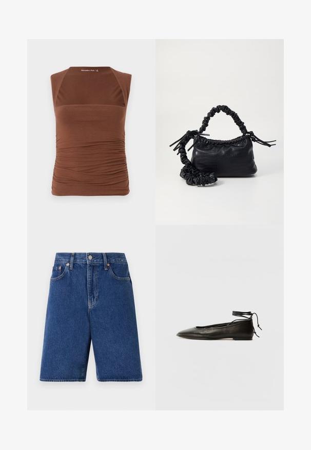 Ruskea hihaton paita, joka on valmistettu joustavasta kankaasta. Paidan malli on kiinteä ja sivuilla on rypytetty rakenne, kun taas edessä se on sileä.; Tummansiniset farkkushortsit, joissa on klassinen leikkaus, viisi taskua ja oranssi ompelu. Varustettu edessä napilla ja vetskalla.; Musta nahka ballet-flatit, joissa on terävä kärki, nilkkaremmiliitos ja litteä pohja, varustettuna sileällä pinnalla ja minimalistisella muotoilulla.; Must-have mustekahvi nahkalaukku krokotiiliaistalla, kiristetty yläosa ja rypistetty hihna. Näyttää pehmeältä ja kompaktilta muotoilultaan.