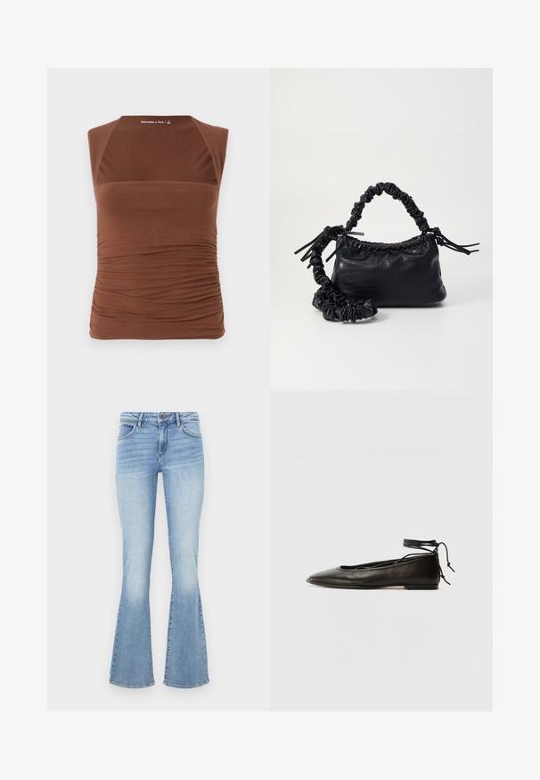 Ruskea hihaton paita, joka on valmistettu joustavasta kankaasta. Paidan malli on kiinteä ja sivuilla on rypytetty rakenne, kun taas edessä se on sileä.; Vaaleansiniset levenevät farkut, valmistettu denimistä. Ominaisuuksiin kuuluu perinteinen viiden taskun malli sekä vetskari, jossa on napitus. Haalistunut efekti reisissä.; Musta nahka ballet-flatit, joissa on terävä kärki, nilkkaremmiliitos ja litteä pohja, varustettuna sileällä pinnalla ja minimalistisella muotoilulla.; Must-have mustekahvi nahkalaukku krokotiiliaistalla, kiristetty yläosa ja rypistetty hihna. Näyttää pehmeältä ja kompaktilta muotoilultaan.