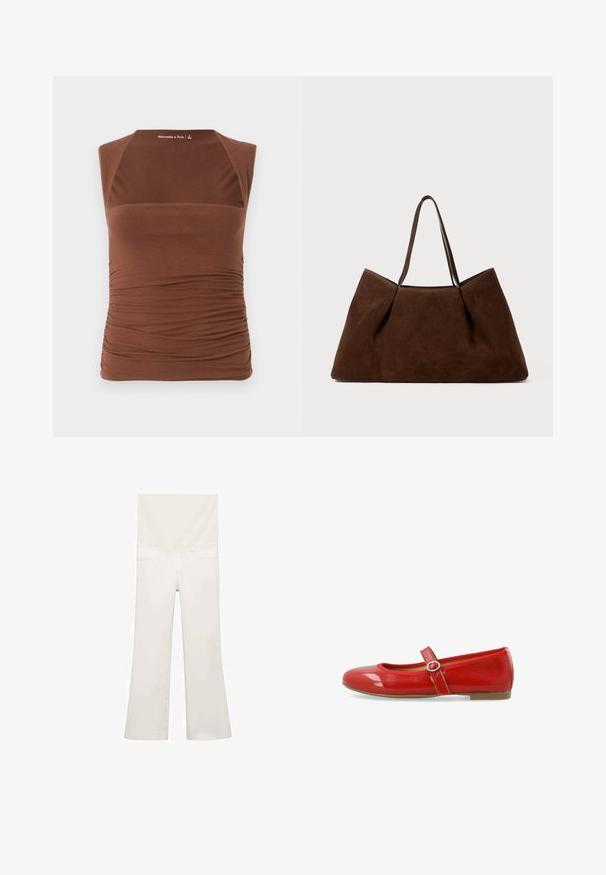 Rjava brezrokavna majica iz raztegljive tkanine, s prilagojeno obliko, ki ima nabran teksturo ob straneh in gladko površino spredaj.; Bele flare kavbojke zadaj, z gladko teksturo, dvema zadnjima žepoma in diskretnih šivovih Detajli ob šivih.; Rdeča lakasta balerinka z zaobljenim nosom, okrasna naramnica s krožno sponko in gladka, sijoča površina.; Rjava semiš torba za na ramo z dvema naramnicama, prostornim pravokotnim oblikovanjem in minimalističnim dizajnom. Mehka tekstura s gladko površino.