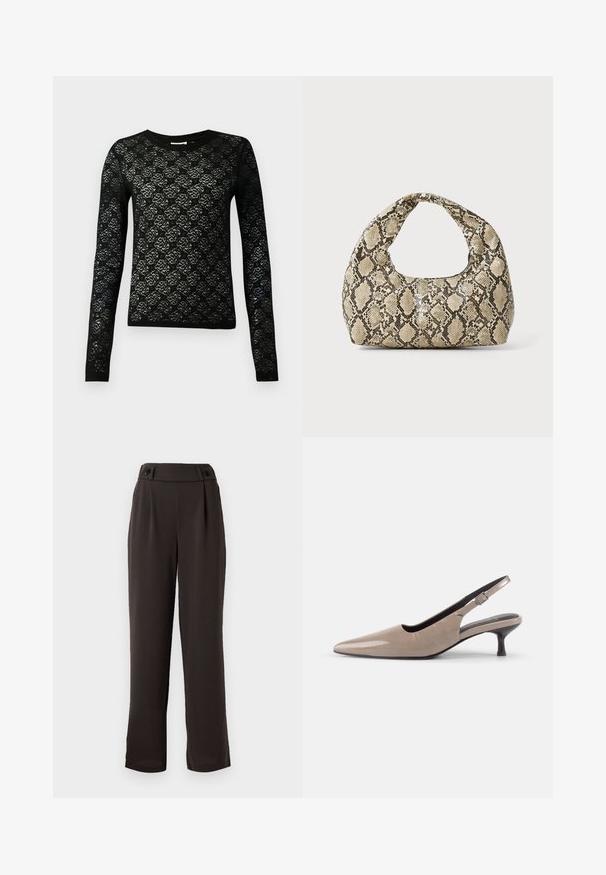 Maglione in pizzo nero con maniche lunghe e collo rotondo, che presenta un motivo floreale con una finitura texturizzata.; Pantaloni su misura marrone scuro con una texture di tessuto liscia, dotati di vita alta, due pieghe frontali e bottoni decorativi neri in vita.; Scarpe slingback a punta in vernice beige lucida con tacco sottile e cinturino regolabile per una calzata sicura.; Borsa a stampa rettile con manico curvo. Realizzata in materiali testurizzati beige e marroni, presenta un distintivo motivo a rombi.