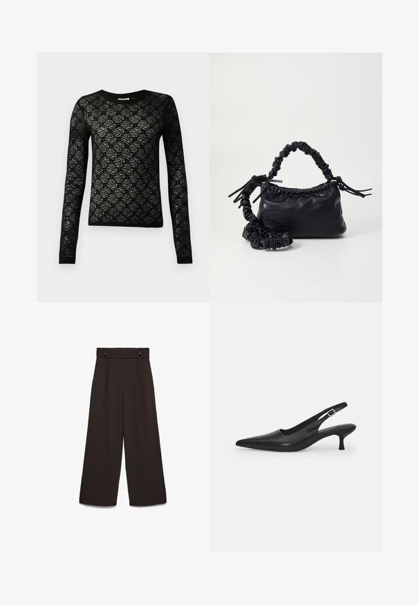 Zwarte kanten trui met lange mouwen en een ronde hals, met een bloemenpatroon en een gestructureerde afwerking.; Wijde broekspijpen van donkerbruine stof, met een hoge tailleband, twee steekzakken aan de voorkant en twee knopen aan de voorkant als sluiting. Gladde textuur.; Zwarte leren slingback schoen met een puntige neus en een slanke, gebogen hak. Voorzien van een discrete verstelbare band met een metalen gesp.; Zwarte nepleer handtas met een krokodillenstructuur, opgedroogde bovenkant en een gekreukte hengsel. Het lijkt zacht en compact van ontwerp.